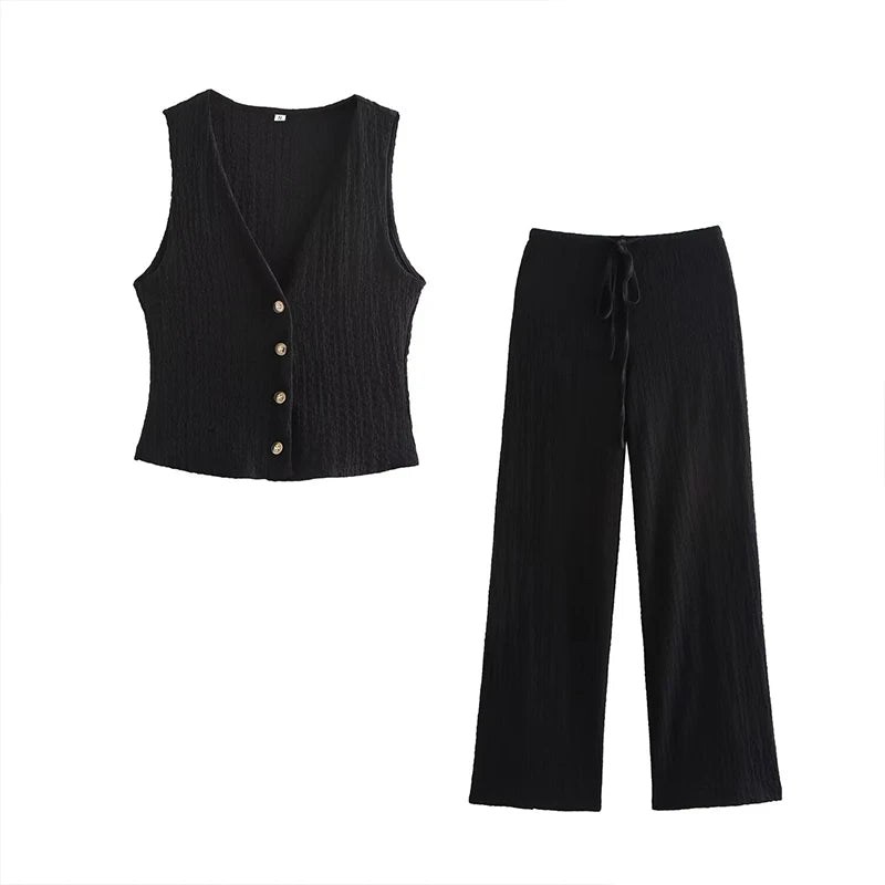 Women's 2-Piece Sleeveless Button-Down Vest & Wide-Leg Pants Set