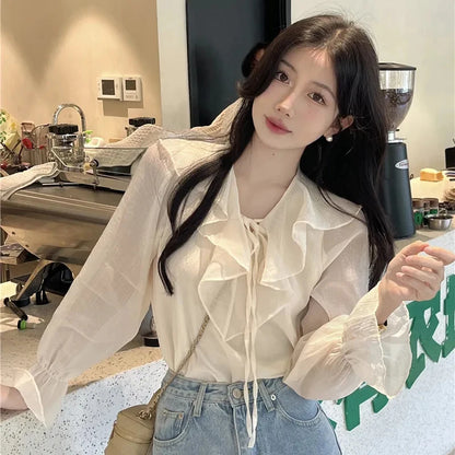 GIDYQ Women Solid Shirt Korean Office Ladies Half Open Collar Pullover Blouse Summer Loose Sweet All Match Chic Female Tops New