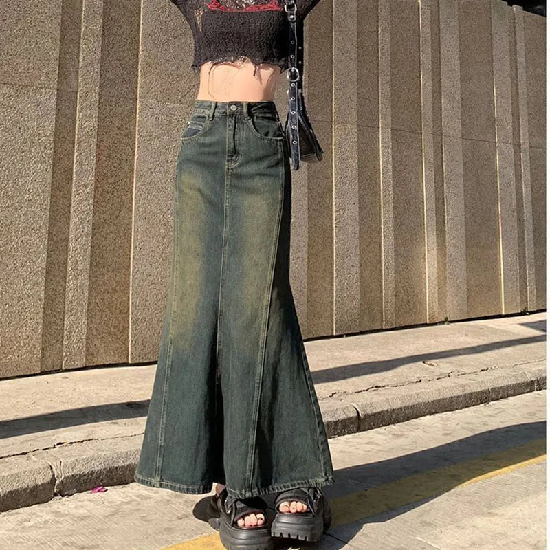 Biyaby Mermaid Denim Skirts Autumn Winter Woman Sexy Bandage Floor-Length Skirt Women Vintage Fashion High Waist Skirts Ladies