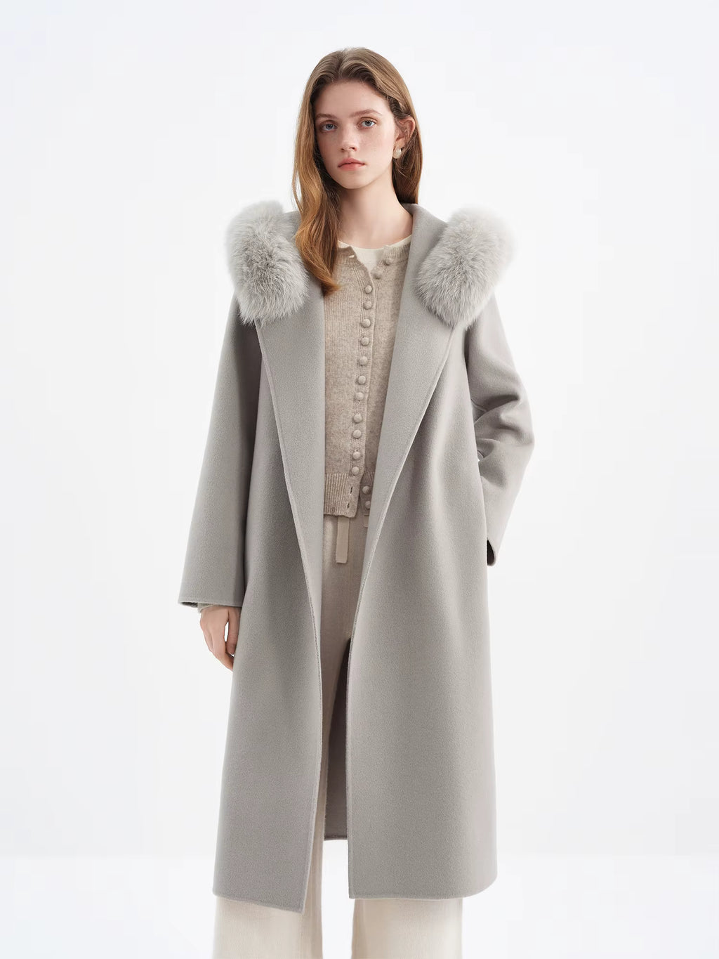 2025 Winter Women's Fox Fur Hooded Double Faced Wool Coat Long Plush Outerwear Vintage Elegant Warm Wool Coat Soft Coat
