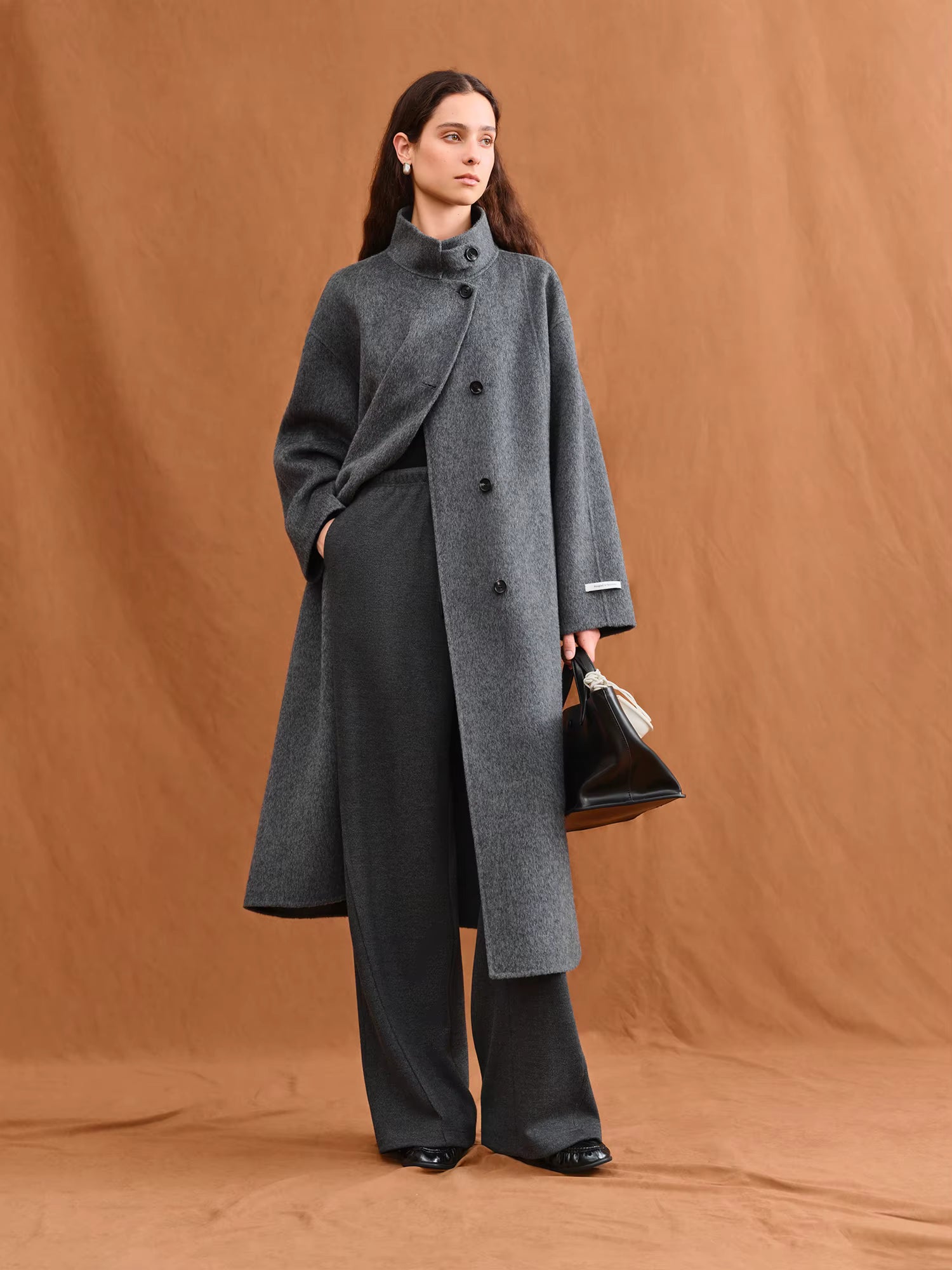 2025 New Women's Elegant Stand Collar 100% Wool Double-Faced Long Coat Diamond-Shaped Tailoring Autumn Winter Outerwear
