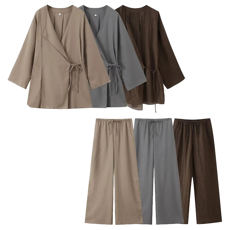 2 Piece Set Solid Lace Up Shirts & Vintage Elastic Waist Chic Lady Set