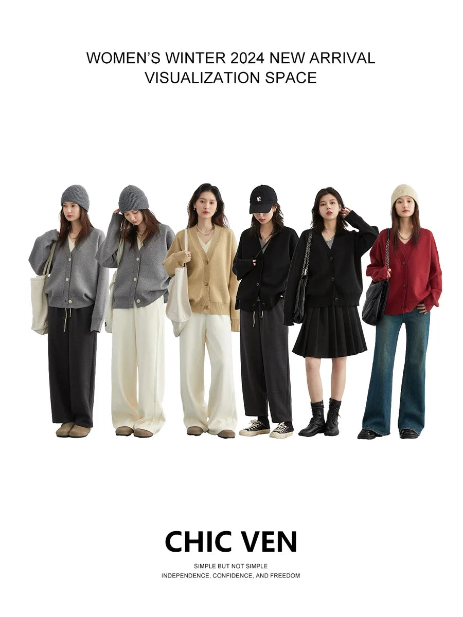 CHIC VEN Women's Cardigan Korean Casual Soild Loose Knit Sweaters V-neck Long Sleeved Fashion Female Clothes Spring Autumn 2024