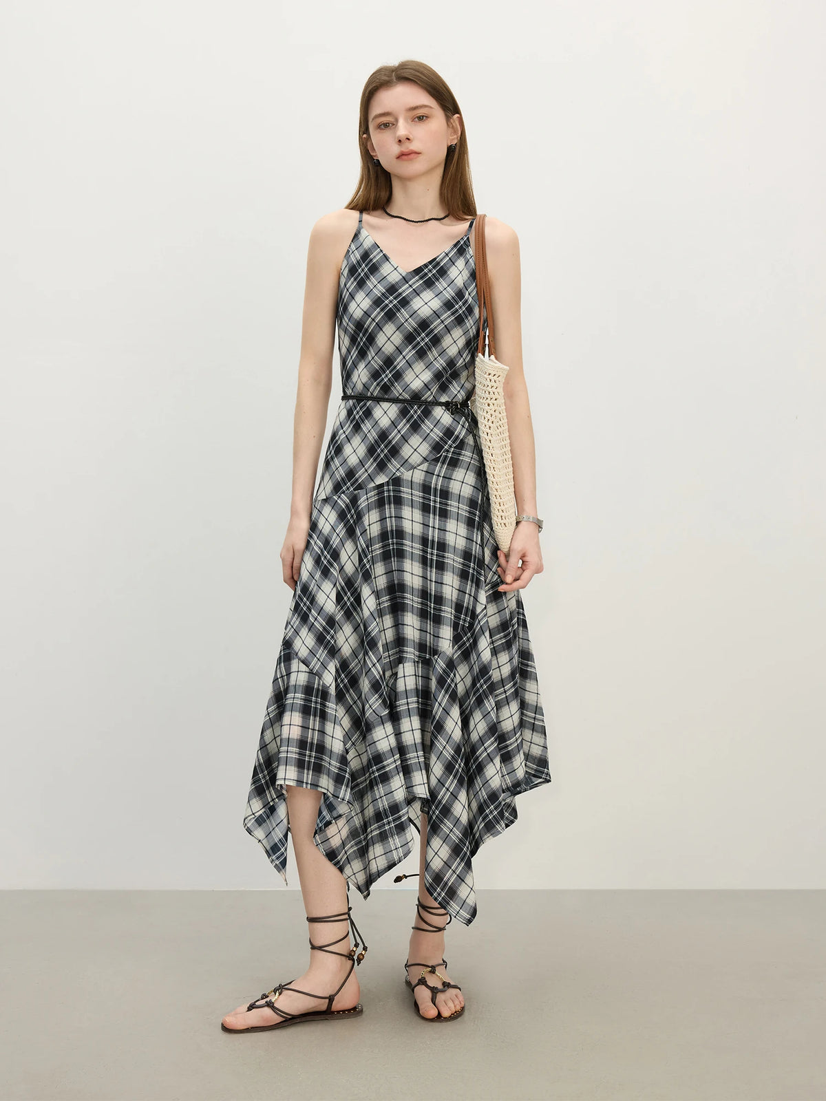FSLE 2025 Summer Women's Checkered V-Neck Sundress - Asymmetrical Hemline & Free-Flowing Silhouette
