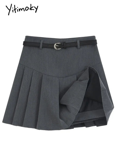 Yitimoky Chic Pleated Skirts for Women High Waisted Gray Black  Fashion Solid Mini Skirts Spring Summer A Line Skirt with Belt