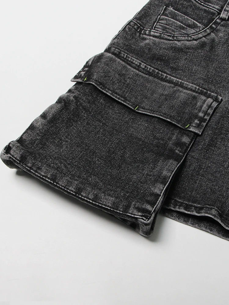 TWOTWINSTYLE Black Two Piece Sets For Women Lapel Long Sleeve Short Top High Waist Patchwork Pocket Mini Skirt Denim Set Female