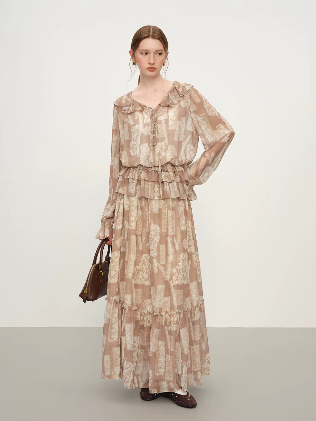 Party Dress Set Bohemian Style Elegant Ruffled Printed Long-sleeved Shirt Skirt Set for Women Winter Fairy Sundress