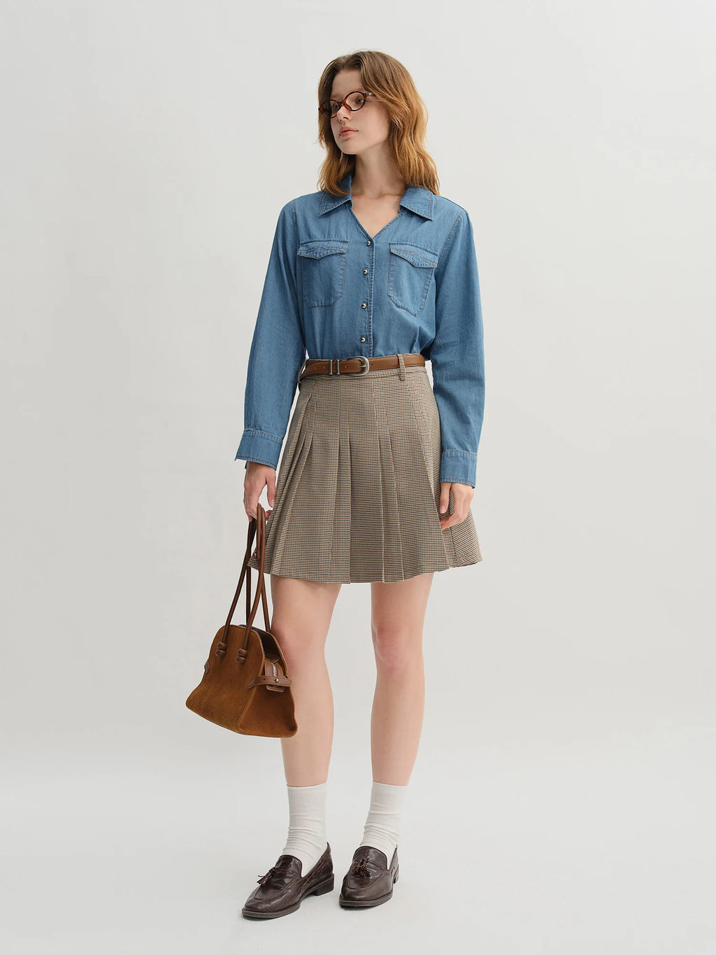 DUSHU Plus Size Double Collar Design Denim Shirt For Women 2025 New Arrival Autumn French Style Top