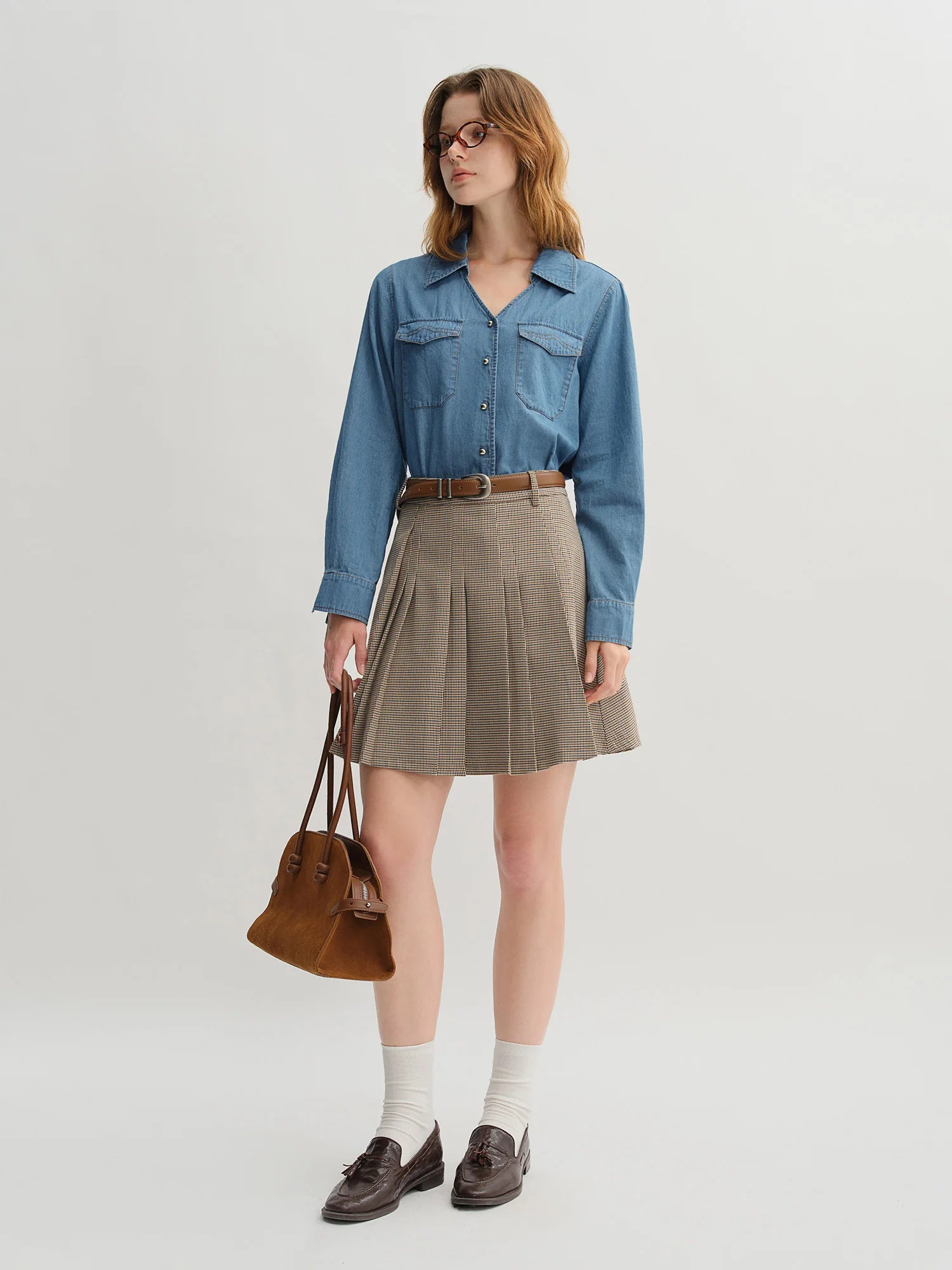 DUSHU Plus Size Double Collar Design Denim Shirt For Women 2025 New Arrival Autumn French Style Top