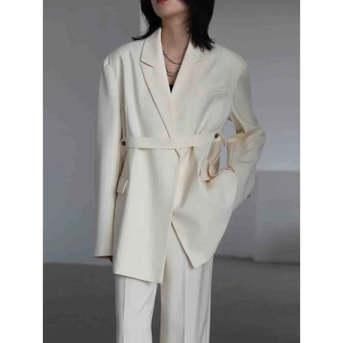 CHIC VEN Women's Blazers Fashion Design Solid Loose Suits Wide Shoulder Ribbon Office Lady Female Clothing Spring Autumn 2024