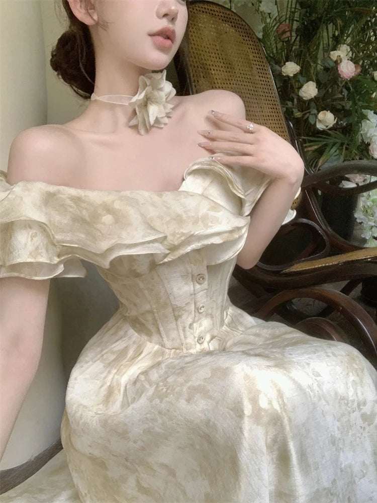 Short-Sleeve Off Shoulder Ruffle Button Maxi A-Line Corset Dress