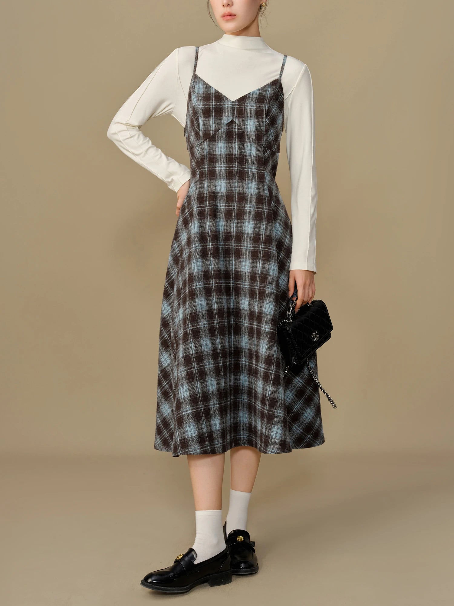 DUSHU Women Winter Strappy Dress 7.5% Wool Thicken Long A-LINE Blue Plaid Dresses Office Lady Winter Sleeveless Dress 24DS84345