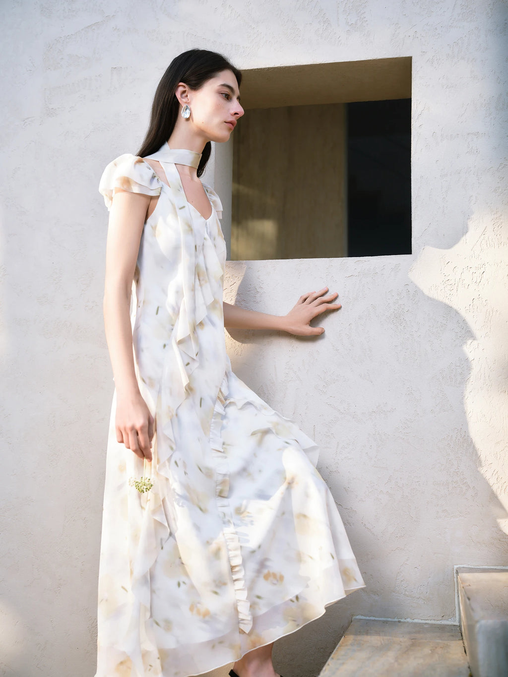 ZIQIAO【2 Vesions】Women Chiffon Strappy Long Dress 2025 Summer New Fly Sleeve Polyester Floral Dresses