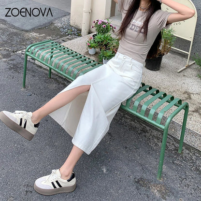 ZOENOVA Fashion Ladies Casual Versatile High Waist A-line Midi Skirt 2024 Spring Summer Solid Color Soft Simple Slit Denim Skirt