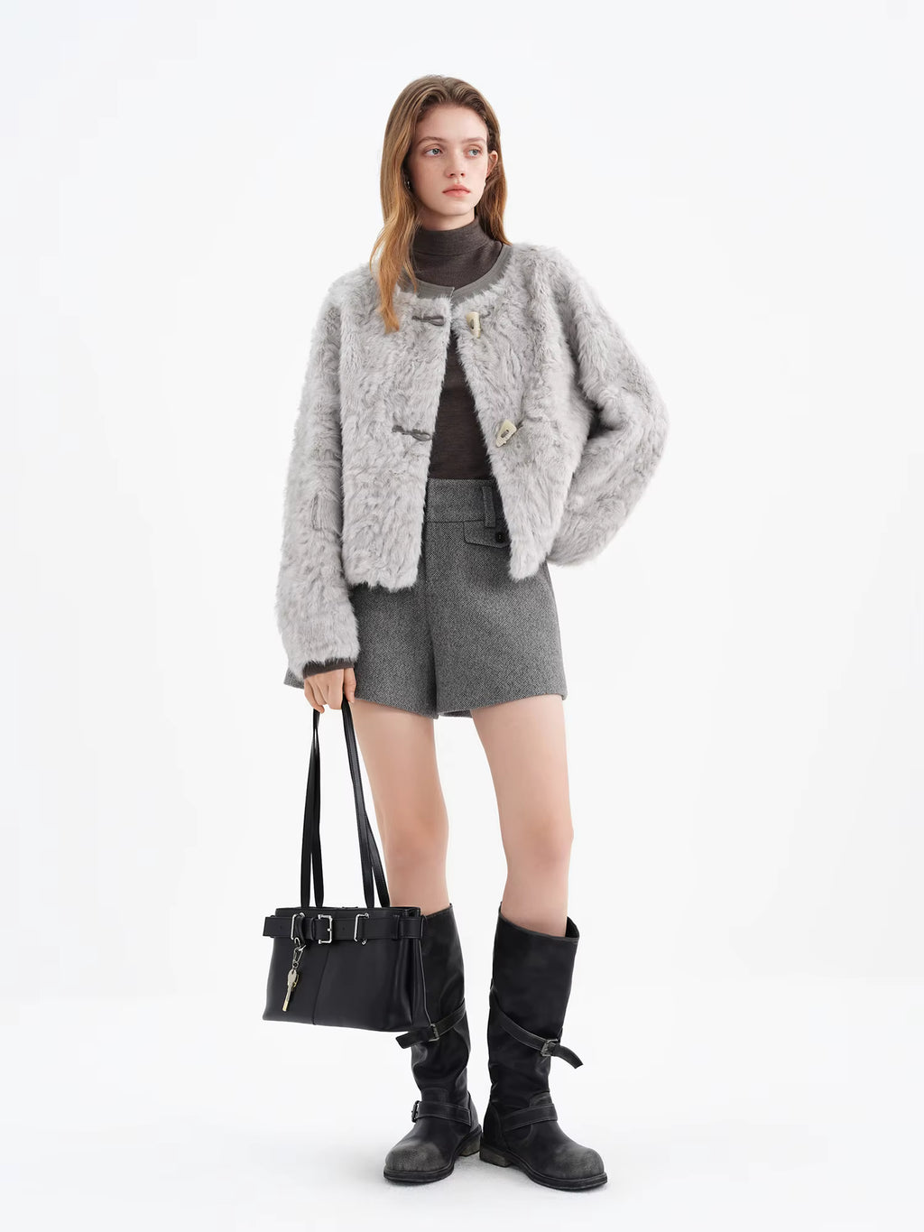 Premium Series】Faux Wool Embossed Suede Patchwork Short Jacket for Women 2025 Winter New Arrival College-Style Outerwear