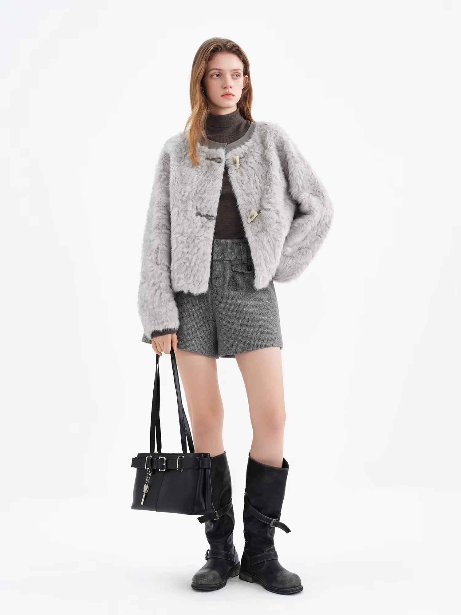 Premium Series】Faux Wool Embossed Suede Patchwork Short Jacket for Women 2025 Winter New Arrival College-Style Outerwear