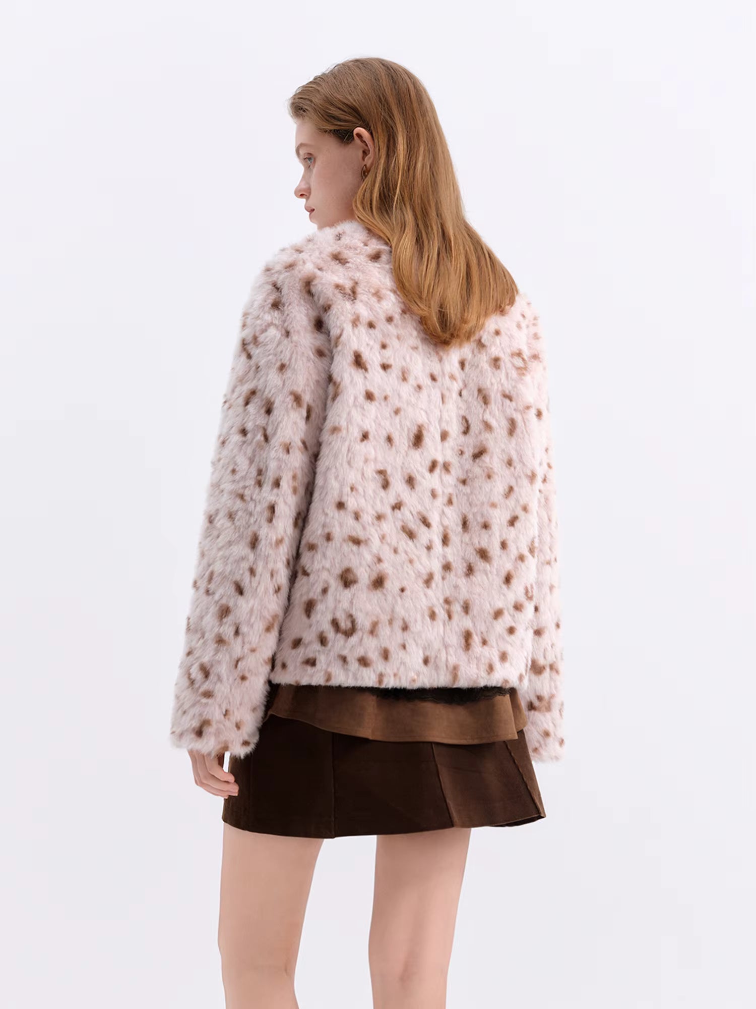 Chestnut Brown Leopard Print Women Faux Fur Stylish A-Line Trench Coat Fall Winter 2025 New Arrival Cozy Winter Essentials