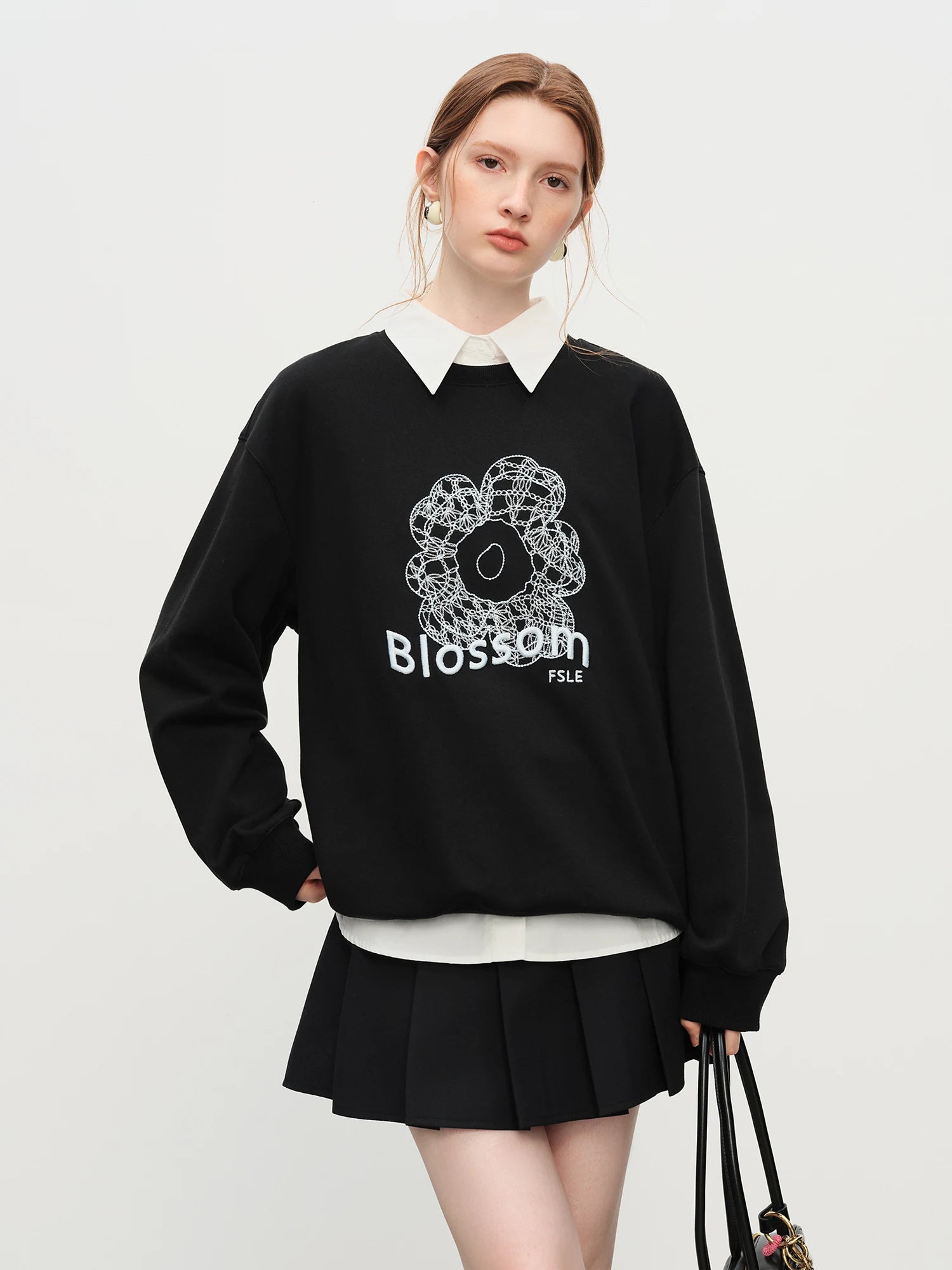 FSLE Winter 2025 Women's Embroidered Drop Shoulder Sweatshirt - 3D Floral Texture Slight Loose Fit Youthful Casual Layering Top
