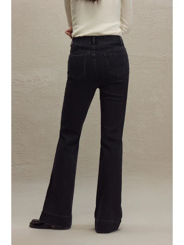 ZIQIAO Retro Style High-waisted Black Bootcut Jeans for Women 2023 Autumn Winter New High Street Tall Slim Long Pants for Female