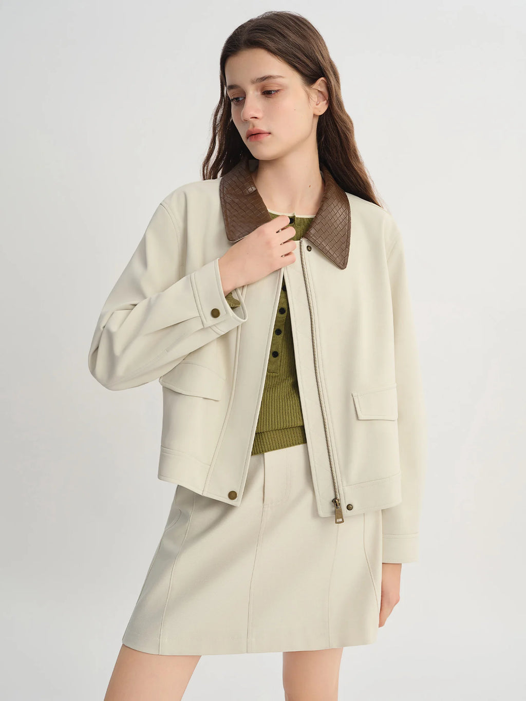 DUSHU Contrast Color Woven Leather Collar Jacket Women 2025 Autumn Drop Shoulder Short Coat Cleanfit Streetwear Leisure