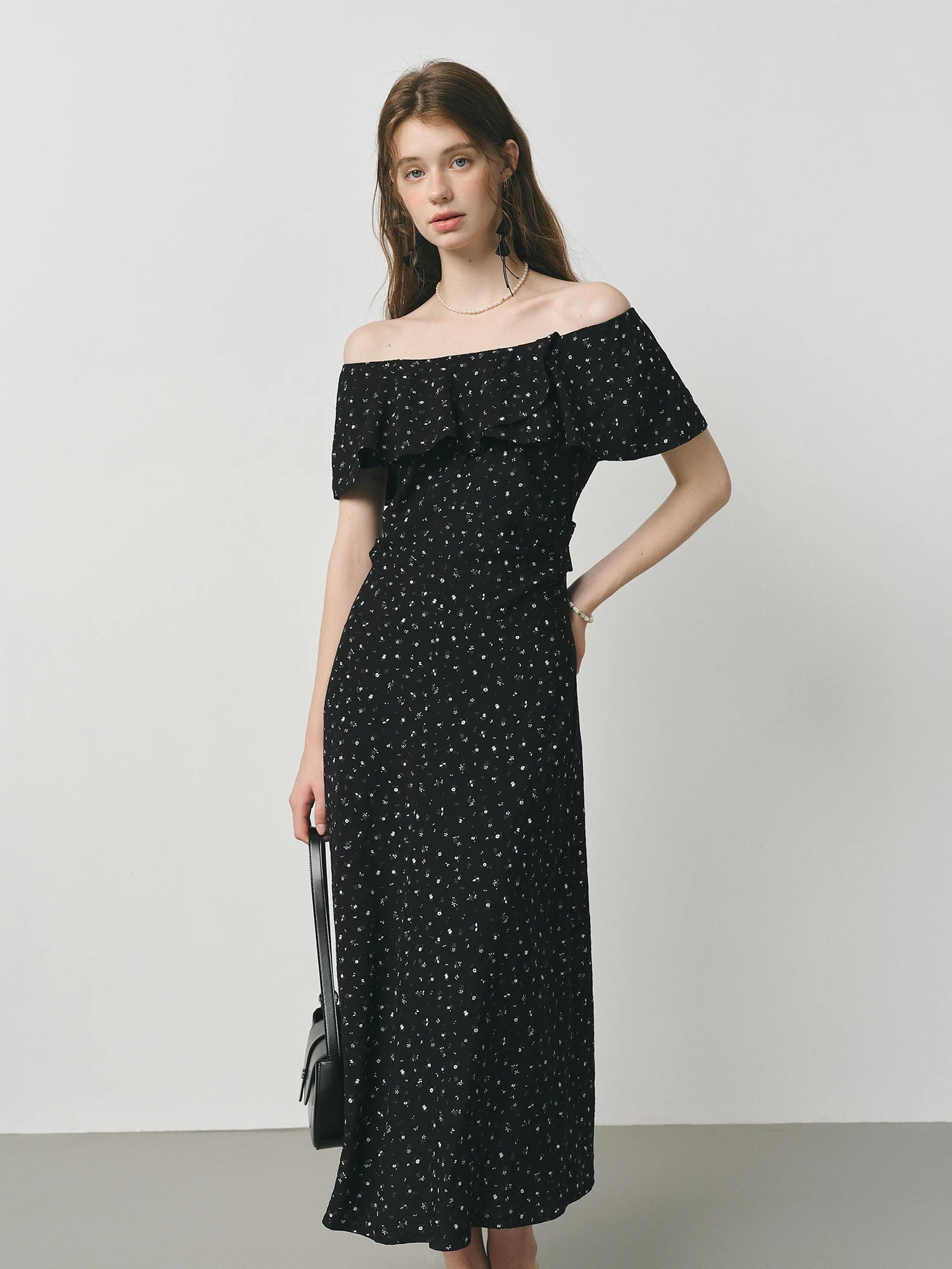 FSLE French Charmeuse Ruffled Floral Print Off Shoulder Skirt Dress for Women 2025 Summer  New Arrival Dresses