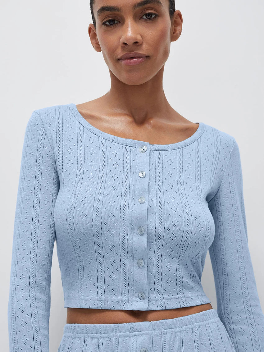 Marthaqiqi Home Clothes Women O-Neck Sleepwear Crop Top Pajamas Long Sleeve Nightie Pants Causal Ladies Nightgowns 2 Piece Suit