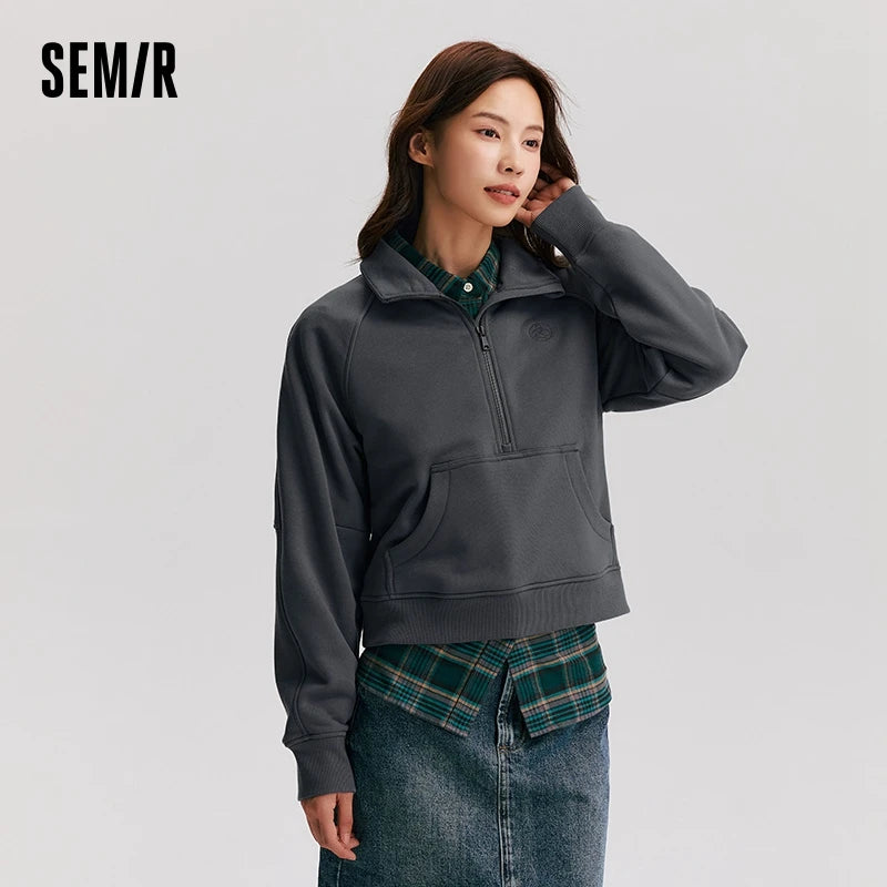 Semir Sweatshirt Women Insert Shoulder Sleeve Stand Collar Retro Simple Versatile Winter ins Trendy Fleece Pullover Sweater