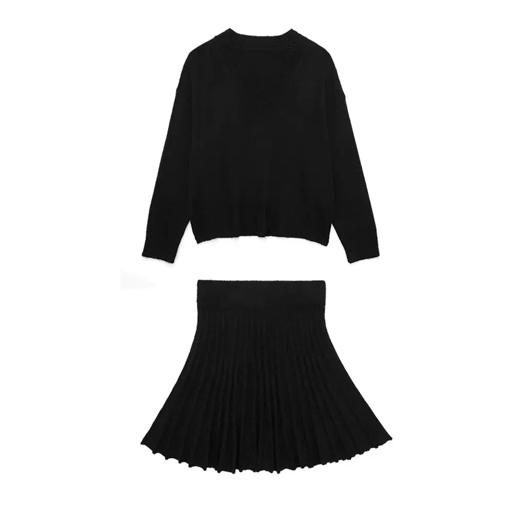 TRAFZA Fashion Women's High Neck Vintage Loose Knitted Suit Women Cropped Sweater Long Sleeve Female Pullovers Chic Tops Skirt