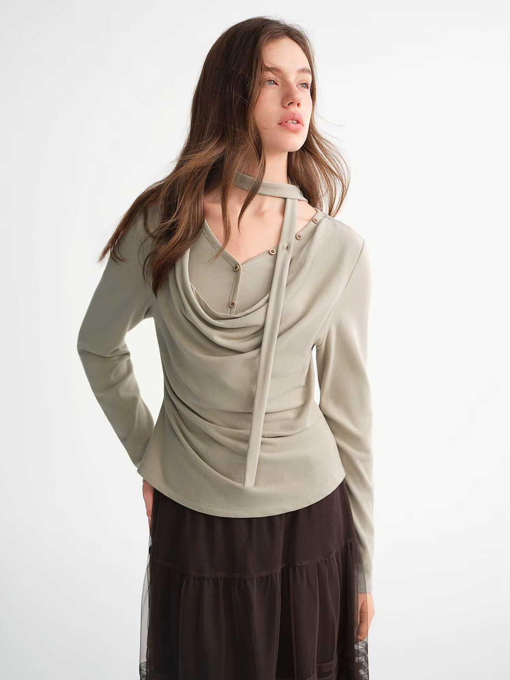 Plus-Size Women Layered Art Long-Sleeve T-Shirt with Floating Ribbon neckline Mock Two-Piece Slimming Top for Curvy Women