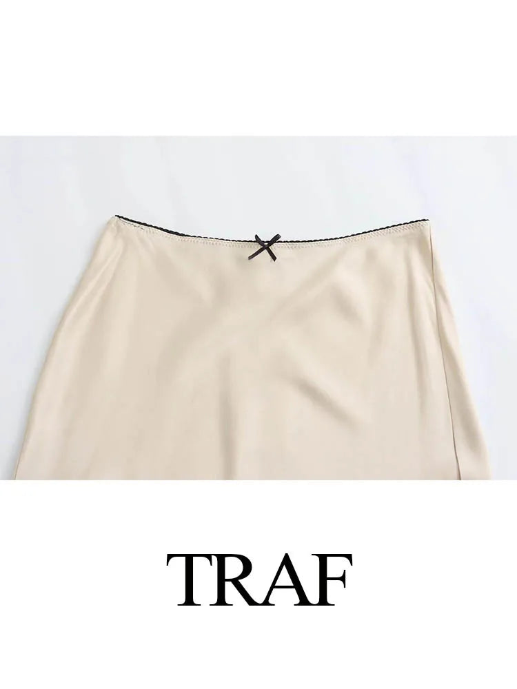 TRAFZA 2024 Women Fashion Skirts Solid Satin Silk Texture Tight Midi Skirt Woman Party Chic Elegant Women Mermaid Skirt
