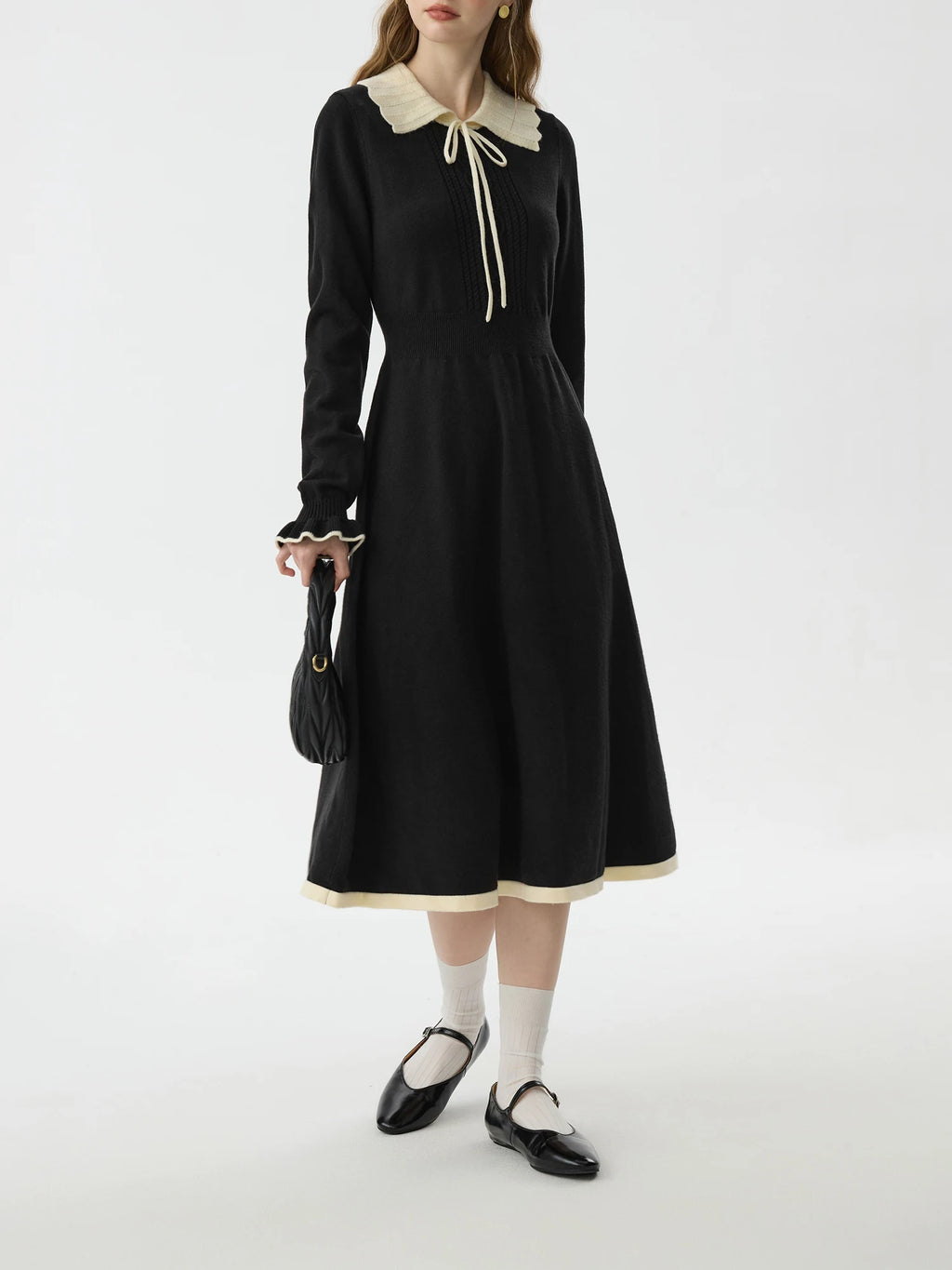 FSLE Office Lady Color Blocking Collar Knitted Dress for Women's Autumn Winter New Waist Cinching Black High Waisted Dress