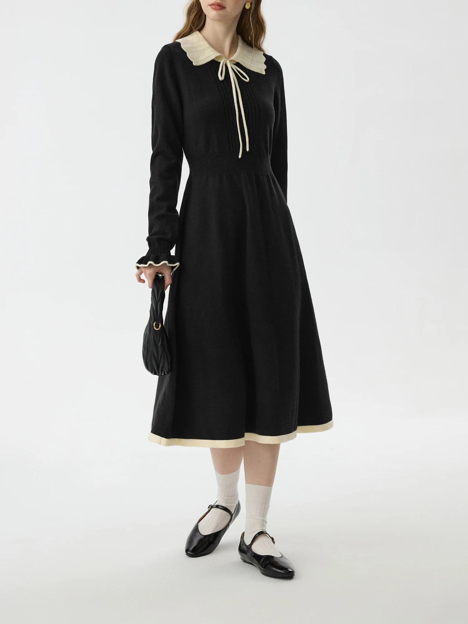 FSLE Office Lady Color Blocking Collar Knitted Dress for Women's Autumn Winter New Waist Cinching Black High Waisted Dress