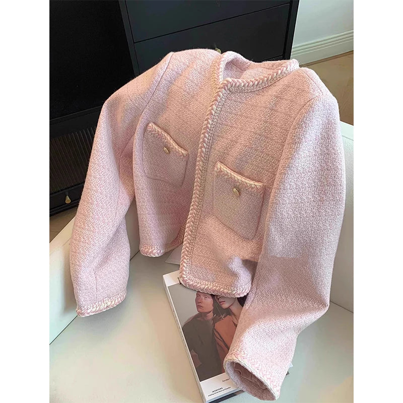 MEXZT Elegant Tweed Jacket Women Sweet Cropped Pink Coat Winter Korean Single Breasted Blazer Ladies Vintage Short Outerwear New