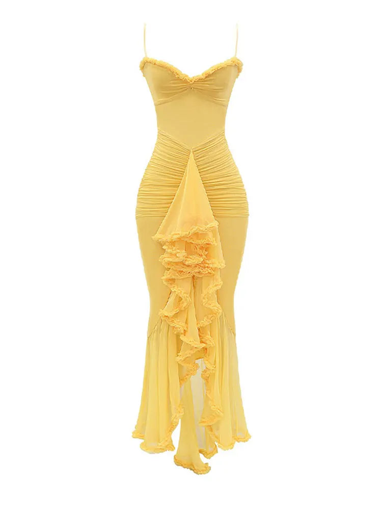 Women Elegant Irregular Ruffles Hem Pleated Sling Maxi Dress Sexy Sleeveless Backless Slim Robes 2024 Lady Evening Party Dresses