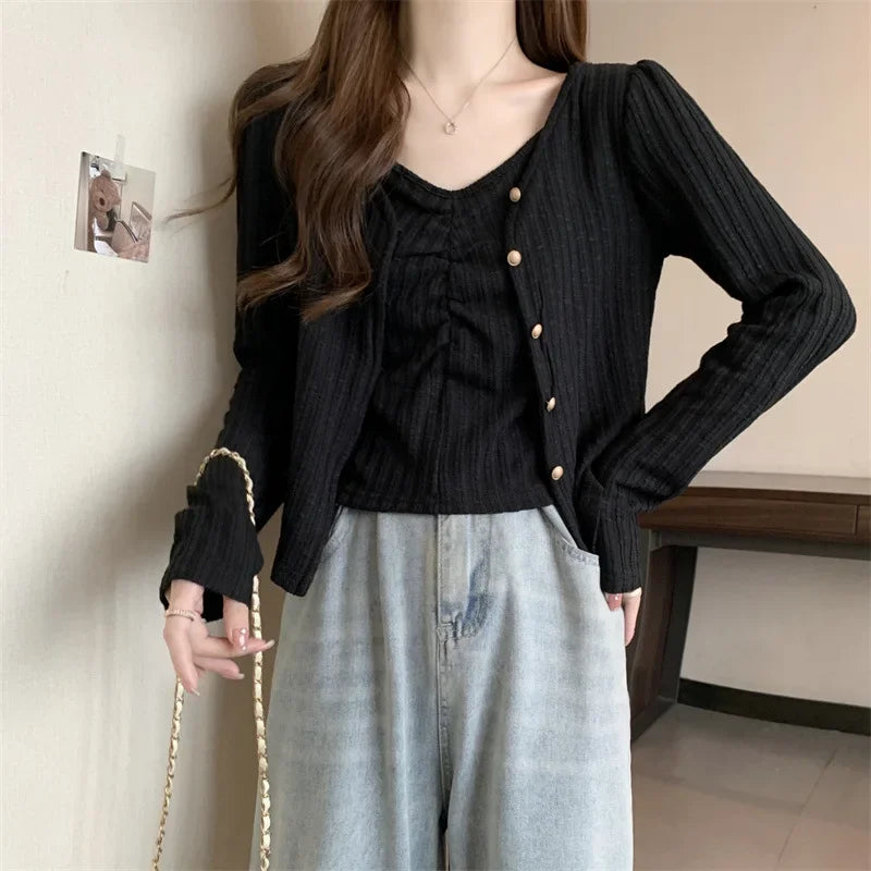 Kpop 2024 Autumn New Knit Fashion Long Sleeve Top Set Sweet Sensation Korean Style Cardigantank2-piece Set Elegant Chic