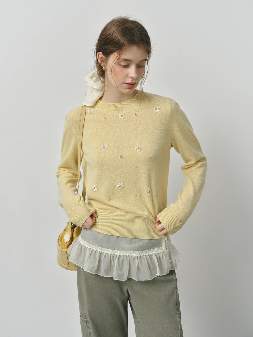 FSLE Women's Cute Fresh Wool Knit Sweater 2025 Autumn Winter New Style Round Neck Long Sleeve Chic Pullover Top for Casual Wear