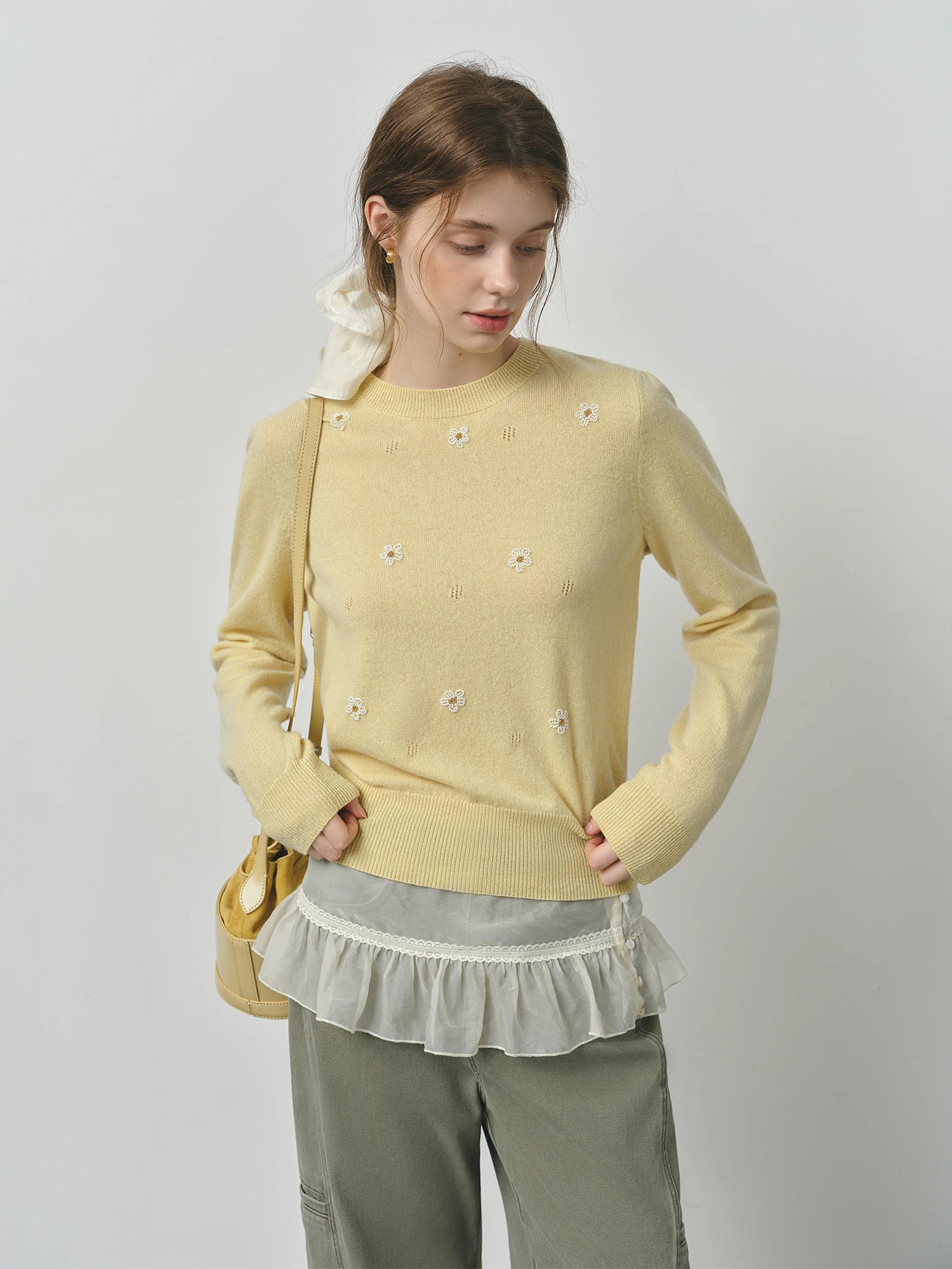 FSLE Women's Cute Fresh Wool Knit Sweater 2025 Autumn Winter New Style Round Neck Long Sleeve Chic Pullover Top for Casual Wear