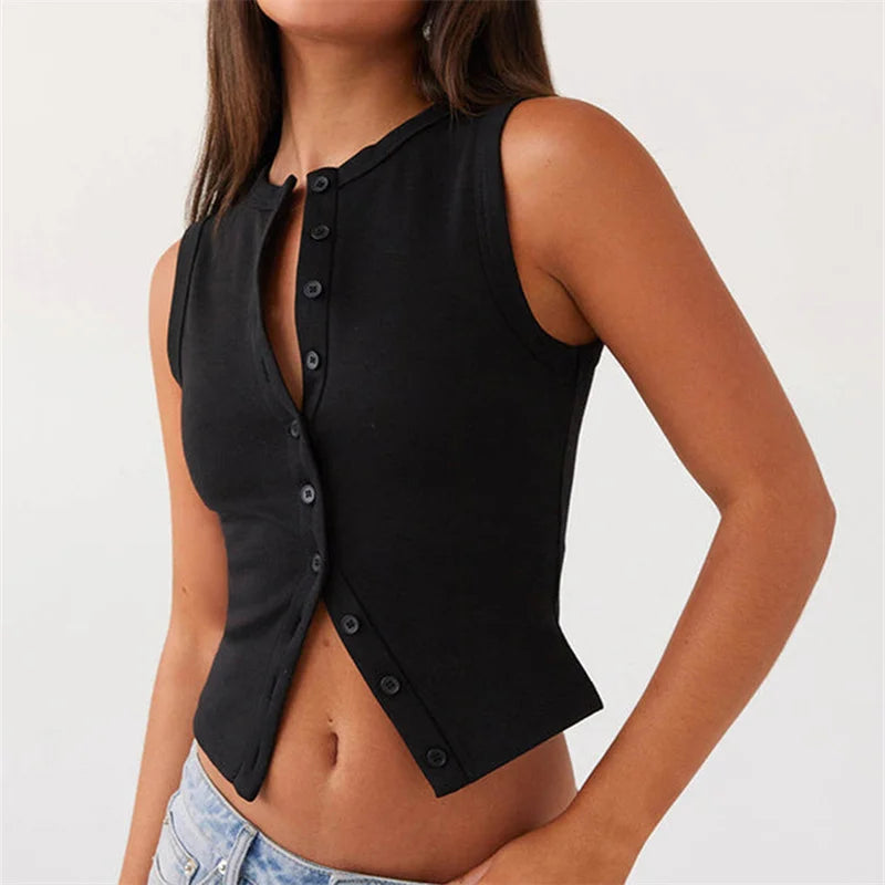 Kpop Vintage Ribbed Women Button Tank Tops Casual Summer Solid Color Sleeveless Crop Tops Basic Vest Y2K Aesthetic Clothes Streetwear