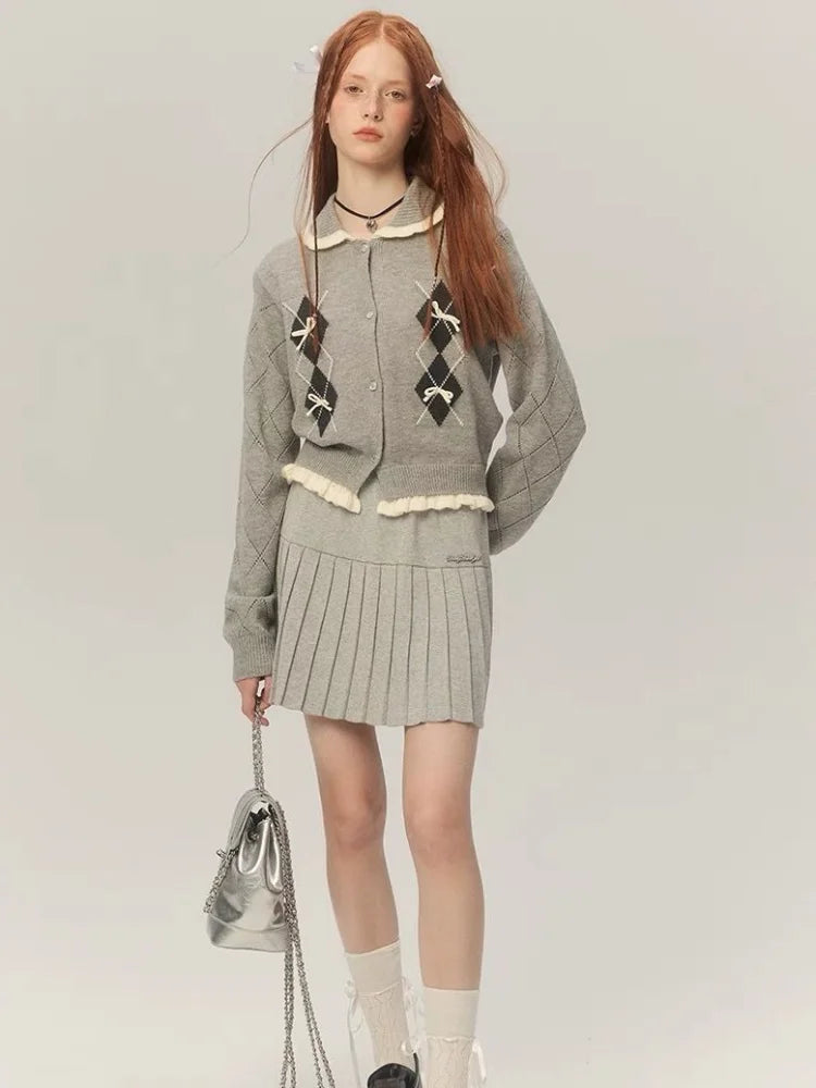 QWEEK Y2k Coquette Elegant Knit Knitted Cardigan Women 2024 Autumn Winter Fashion Kawaii Cute Bow Plaid Sweater Ruffles