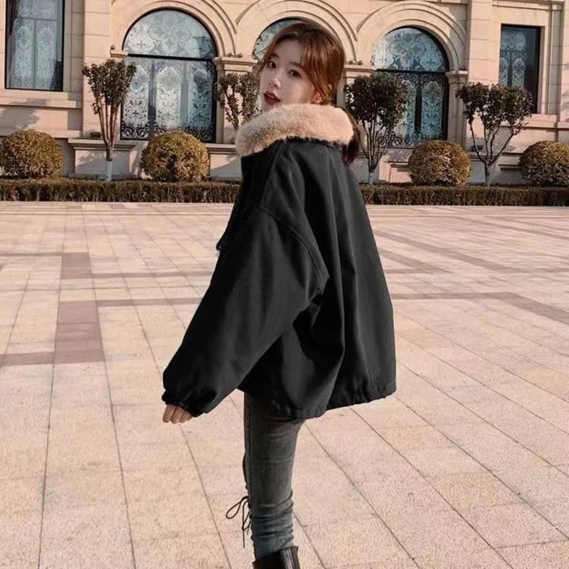 Lucyever Korean Thick Fleece Women Winter Jacket Fashion Loose Warm Plush Parkas Female Elegant Lapel Zipper Pocket Velvet Coat