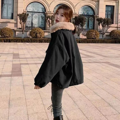 Lucyever Korean Thick Fleece Women Winter Jacket Fashion Loose Warm Plush Parkas Female Elegant Lapel Zipper Pocket Velvet Coat