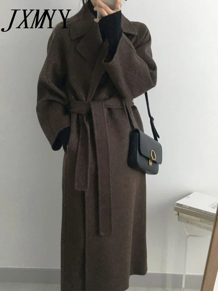 JXMYY French Lazy Style Warm Female Fresh Winter 2024 Classical Belt Retro Loose Women Woolen Coats Chic Casual Long Coat Long