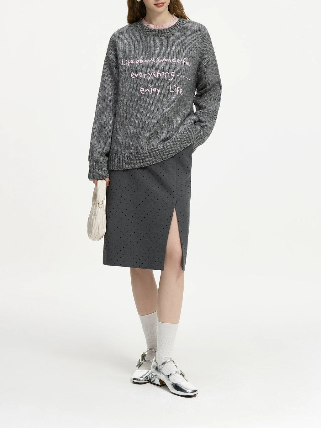 FSLE Women Grey Dot Skirts High Waist Knee-Length A-LINE Skirt Slit Design Asymmetric Female Winter Commuter Skirt 24FS14554
