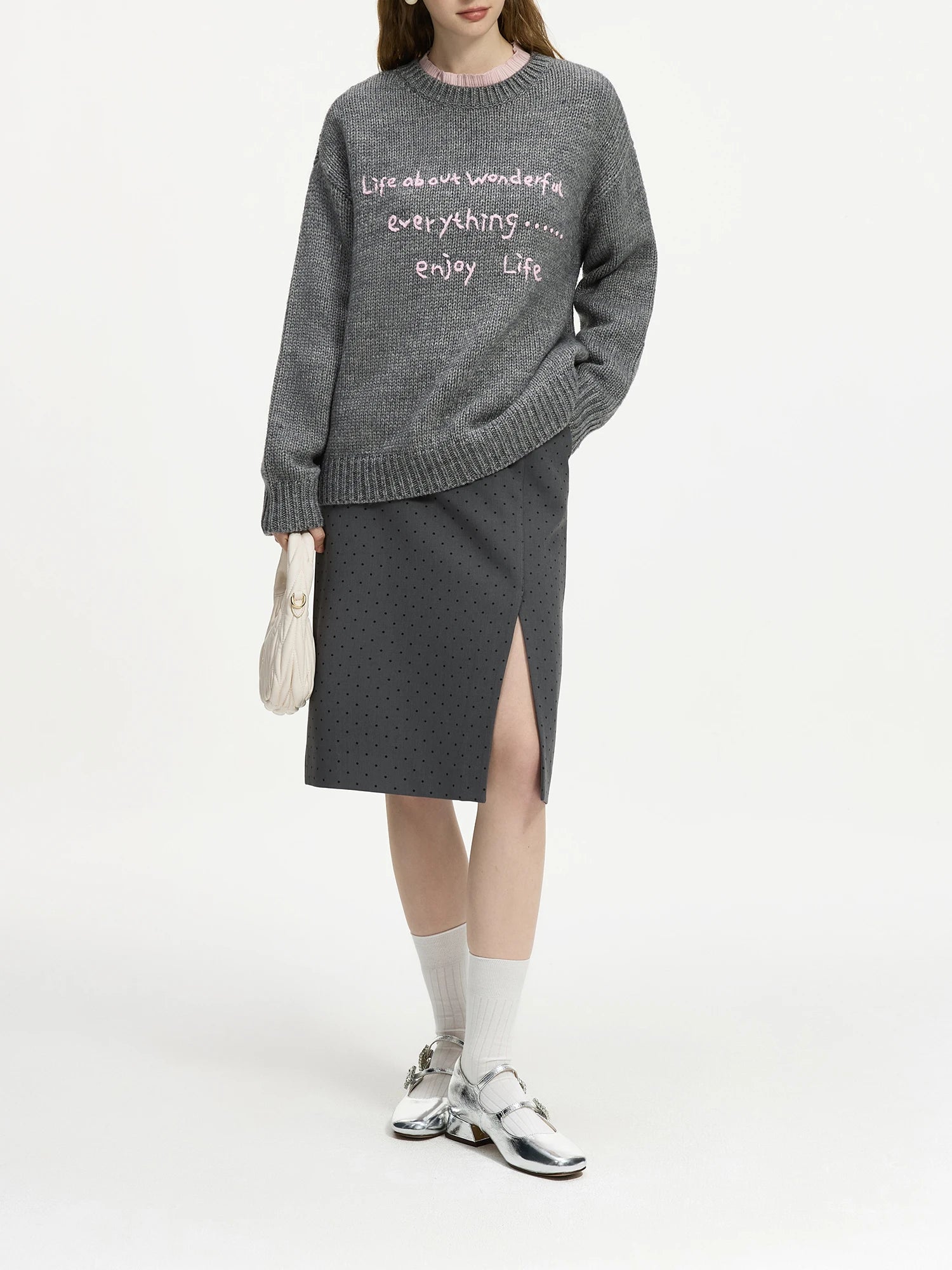 FSLE Women Grey Dot Skirts High Waist Knee-Length A-LINE Skirt Slit Design Asymmetric Female Winter Commuter Skirt 24FS14554