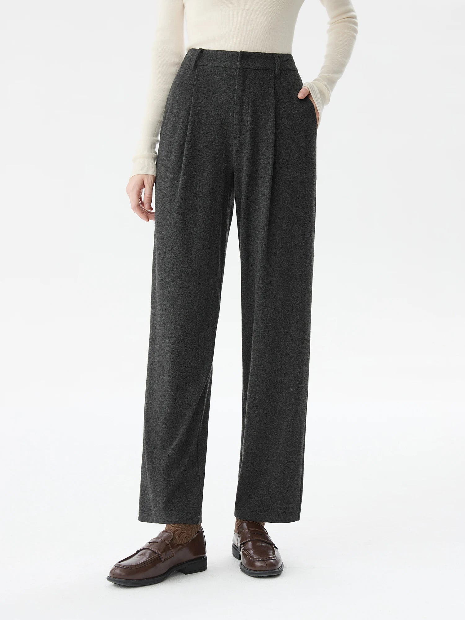FSLE Women Winter Grey Pants High Waist Thicken Straight Cropped Pant 600G 2024 Winter Warm Casual Trousers 24FS14687