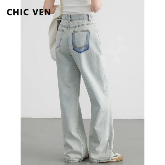 CHIC VEN Women Jeans Casual New High Waisted Cotton Straight Wide Leg Trousers Female Long Denim Pants Spring Autumn 2024