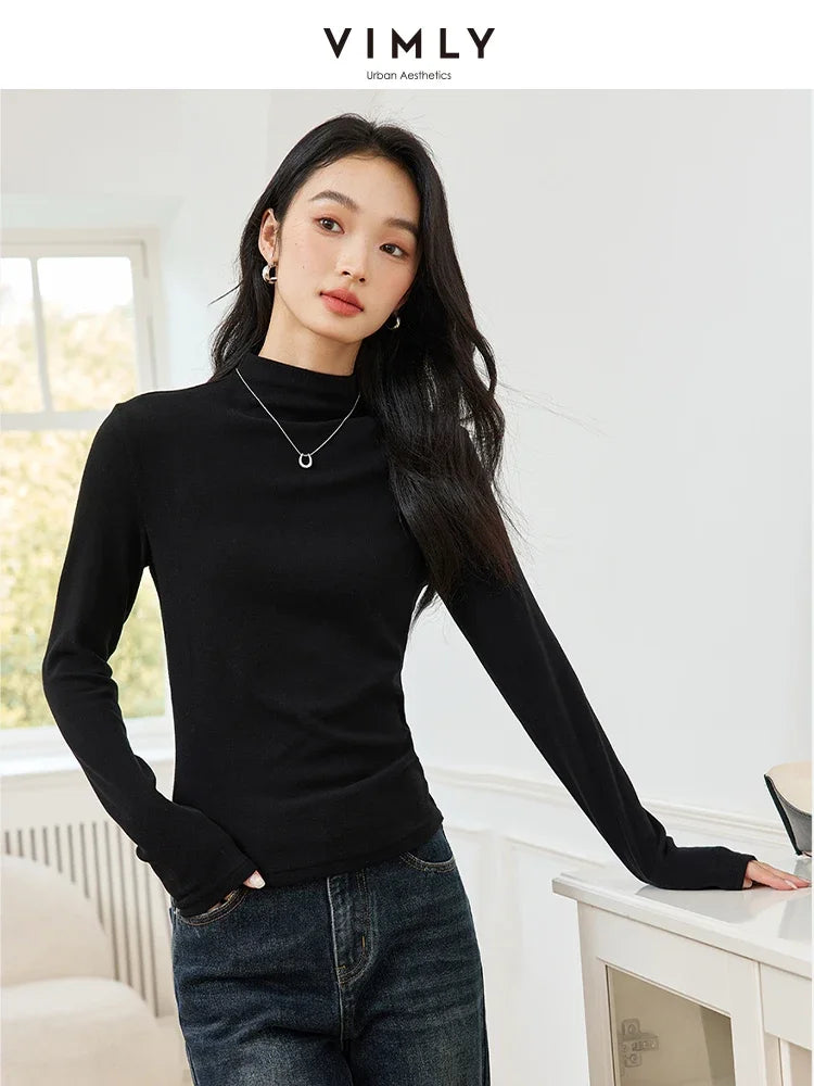 VIMLY Women's Half Turtleneck Inner Bottoming Shirt Autumn/Winter Simple Slim Knitting Pullover Sweater Office Lady Bottom Top