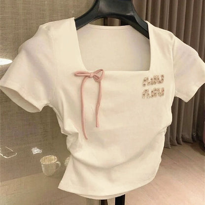 Slim Elastic Pure Cotton White Crop Tops Square Collar Side Pleated Design Mini T-shirt Women Girl Lovely Summer Tee Tops Korean