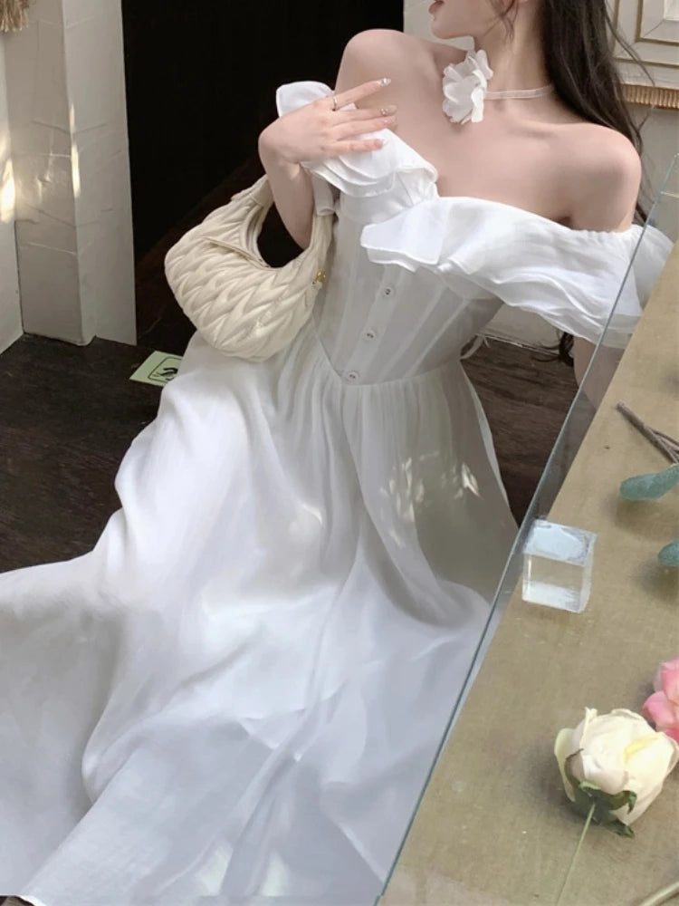 Short-Sleeve Off Shoulder Ruffle Button Maxi A-Line Corset Dress