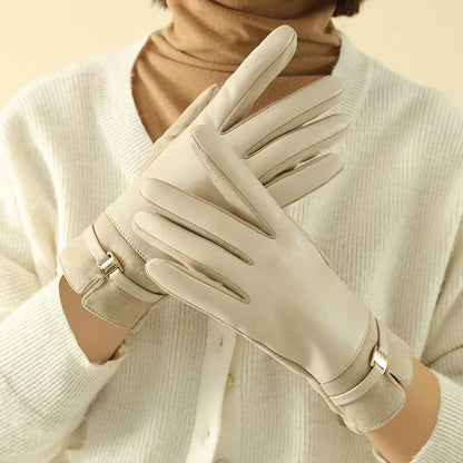 Women Winter Suede Leather Keep Warm Touch Screen Fashion Elegant Gloves Business Style Lightly Waterproof Metal Buckle